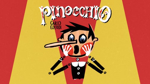 A graphic illustration of a Pinocchio with a long noise on a bright red and yellow striped background.
